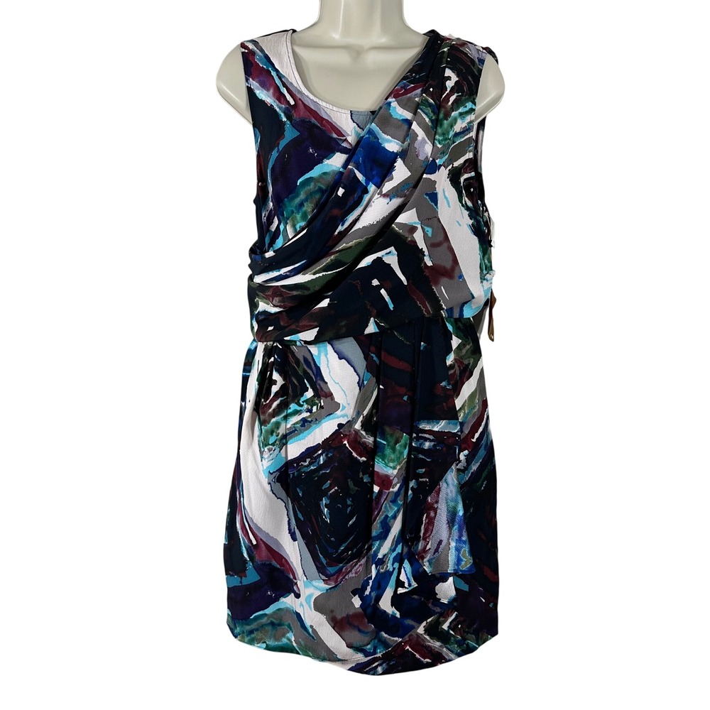 Ali Ro Women's Dress‎ Blue Geo 100% Silk Draped Top Pleated Skirt Dress Size 6